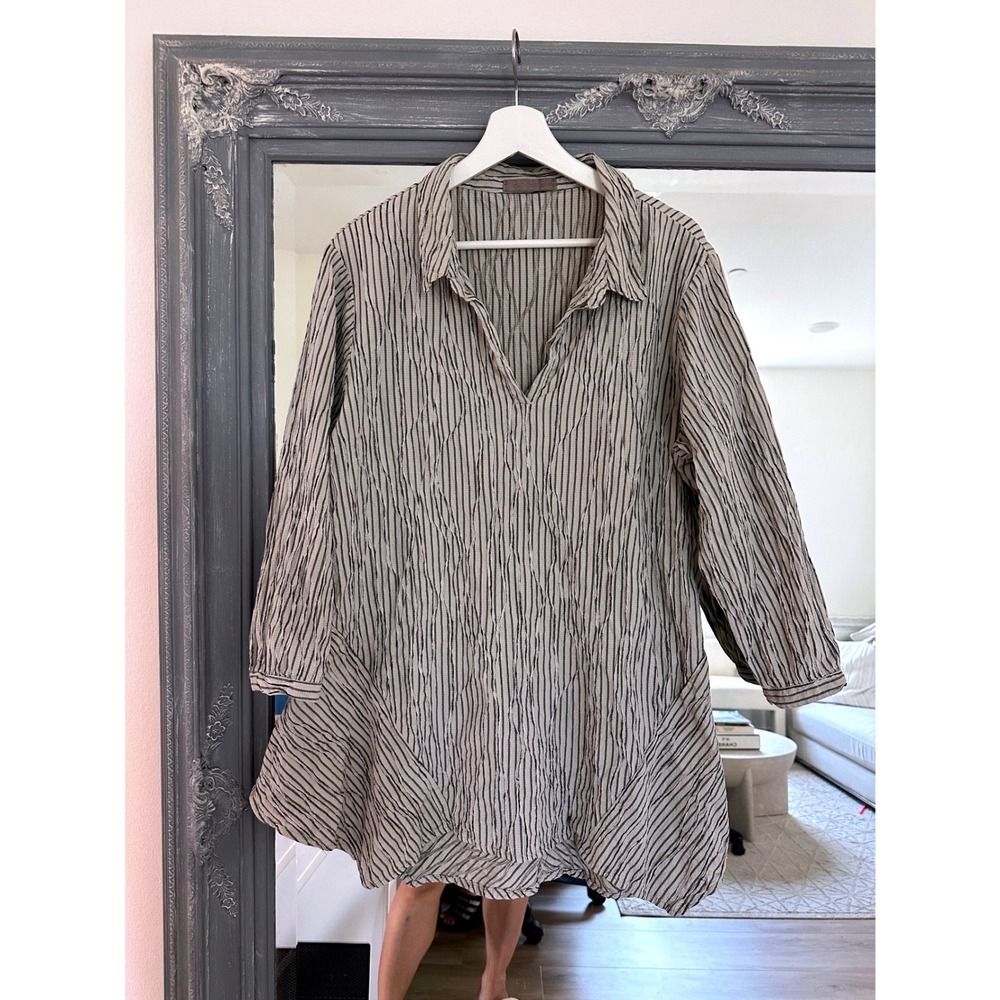Cut Loose Striped Crinkle Textured V-Neck Tunic Top Flared Hem Lagenlook XL